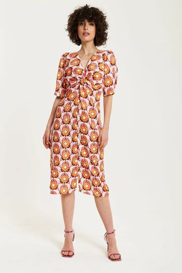 Orange Floral Knot Front Midi Dress Liquorish